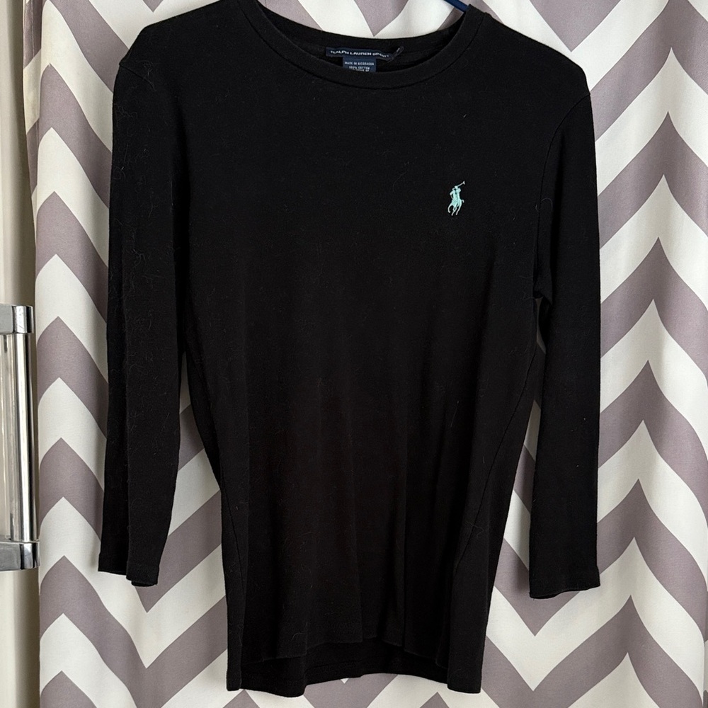 Ralph Lauren Black Crew Neck Top with aqua Logo